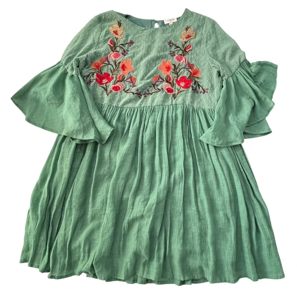 Umgee Floral Embroidered Mini Dress Tunic Womens Sz L Green Boho Garden Wedding - Picture 10 of 11